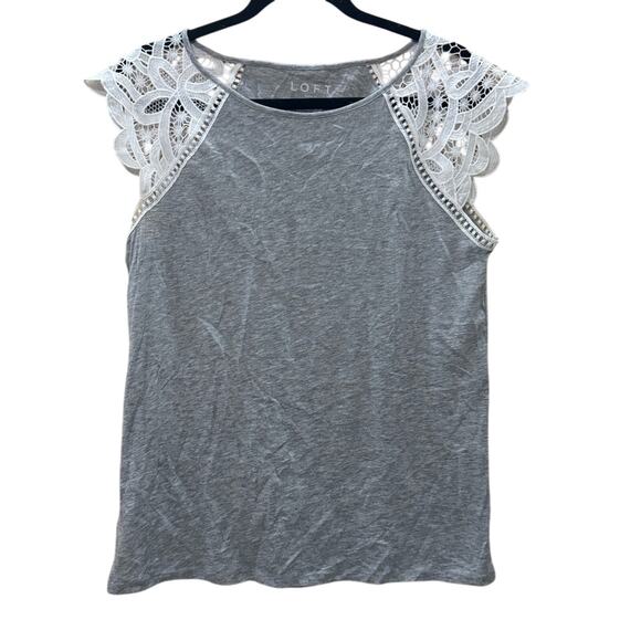 LOFT Gray Sleeveless Top Lace Flutter Sleeve Womens Medium Summer Minimalist - Picture 1 of 6